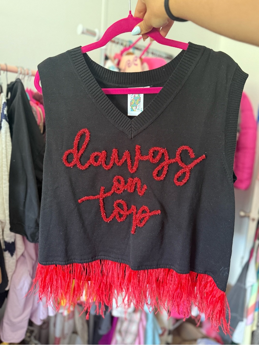 QUEEN OF SPARKLES Black Tank Top with Red Script & Feather Trim
